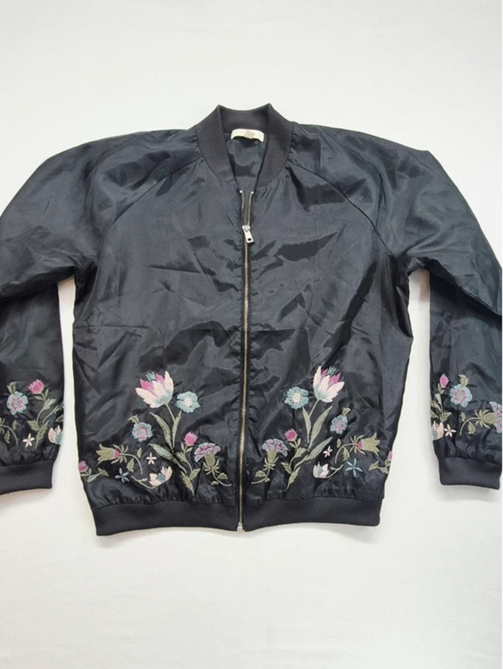 Vintage Love Fire Women's Large Black lightweight Zip Jacket Floral Embroidery